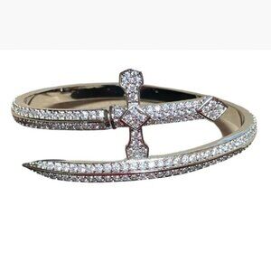 Sword of Justice Open Cuff Design Silver-Tone with Pave Cubic Zirconias EUC S/M